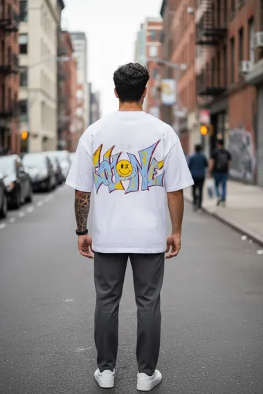 Tricou barbati alb, cu imprimeu pe spate, oversize 11824 D7-2